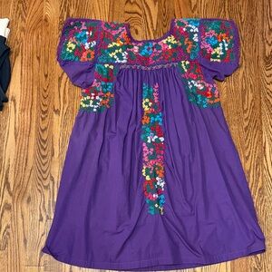 Authentic Mexican dress Purple Embroidered Floral Peasant Dress